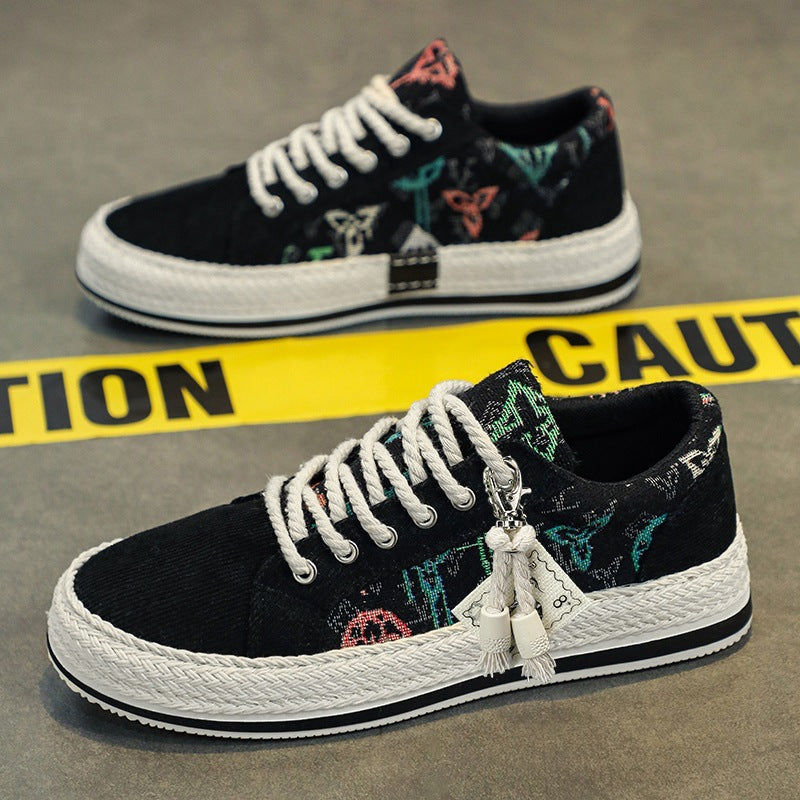 Damen bestickte Canvas‑Sneaker mit Quastenanhänger und geflochtener Plateausohle Drune