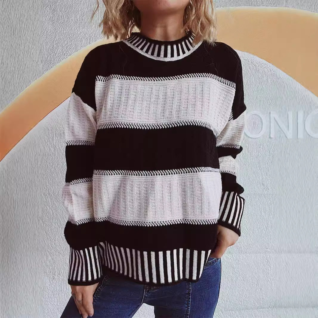 Damen lässiger Strickpullover mit modernem Streifenmuster und warmem Material Drune