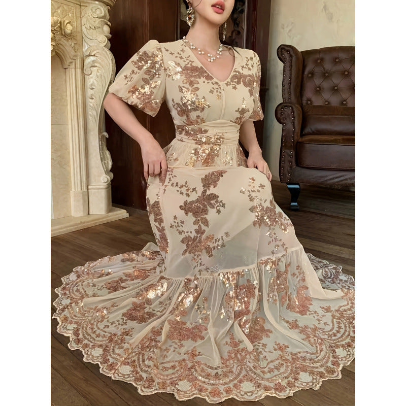 Damen Festliches Maxikleid mit funkelnden Pailletten und exquisiten Blumendetails Drune