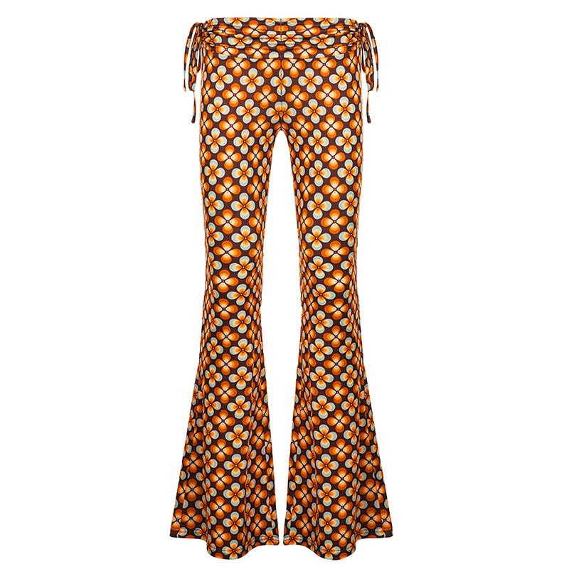 Damen nan ausgestellte Schlaghose mit hoher Taille, seitlichen Kordelzügen und retro Blumenprint Drune