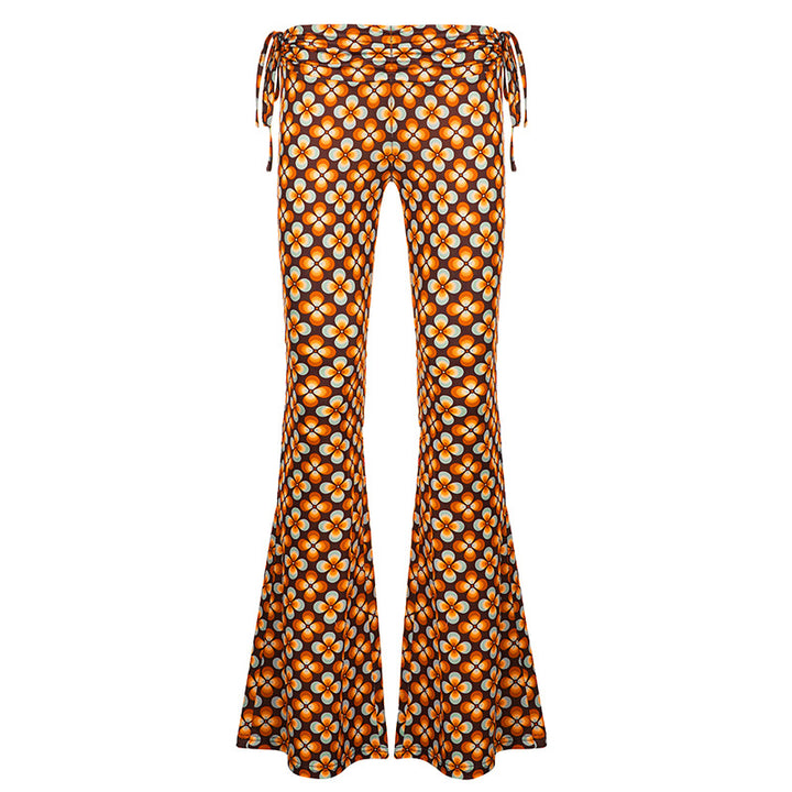 Damen nan ausgestellte Schlaghose mit hoher Taille, seitlichen Kordelzügen und retro Blumenprint Drune