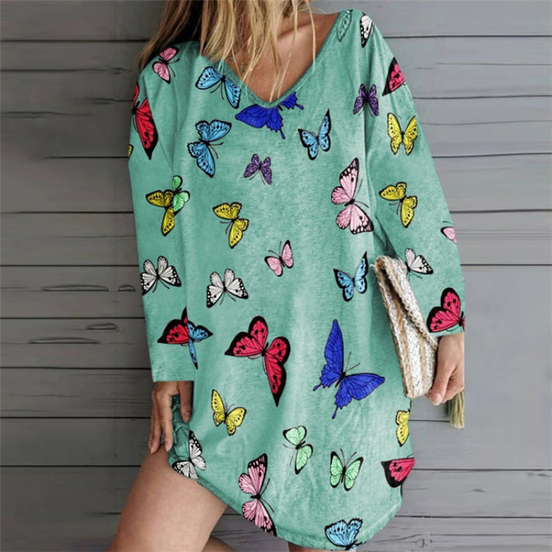 Damen Freizeitkleid mit buntem Schmetterlingsmuster und V-Ausschnitt Drune