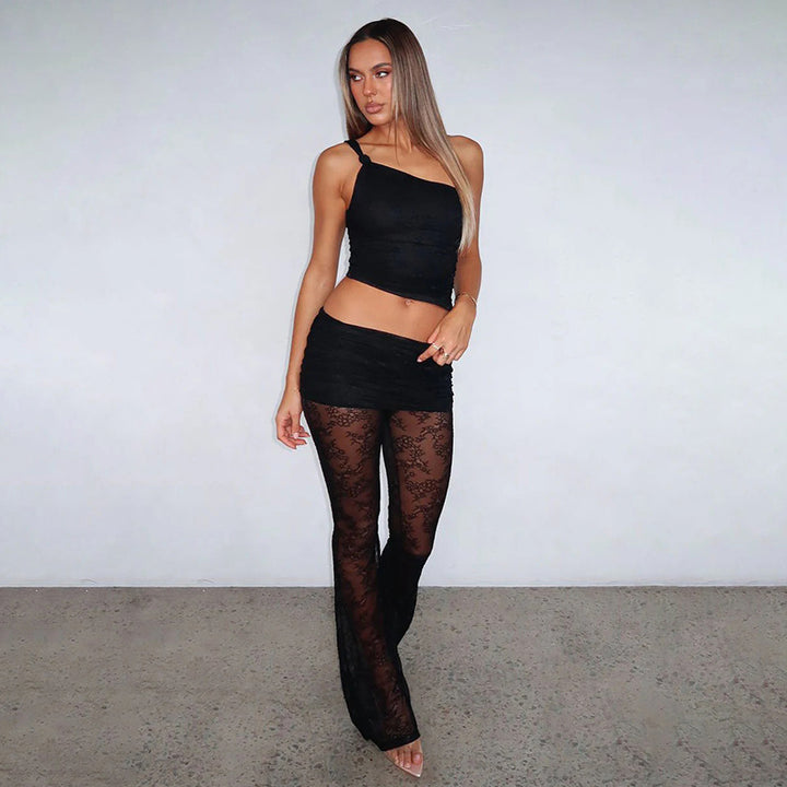 Damen asymmetrisches Oberteil mit elegantem Spitzen-Details und figurbetonten Leggings Drune