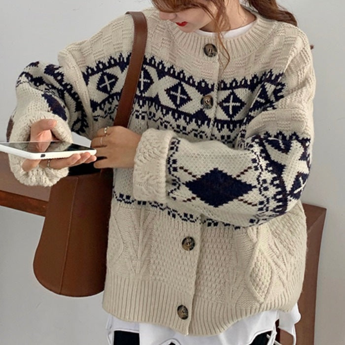 Damen Grobstrickjacke mit dekorativem Norwegermuster Drune