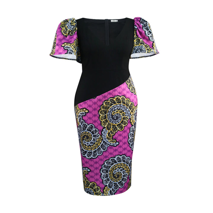 Damen Elegantes Etuikleid mit buntem Mustermix und Puffärmeln Drune