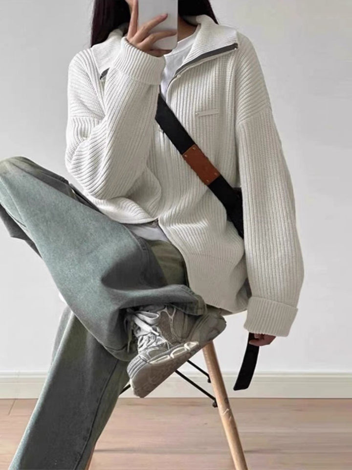 Damen Großer Strickpullover mit hohem Kragen und durchgehendem Reißverschluss Drune