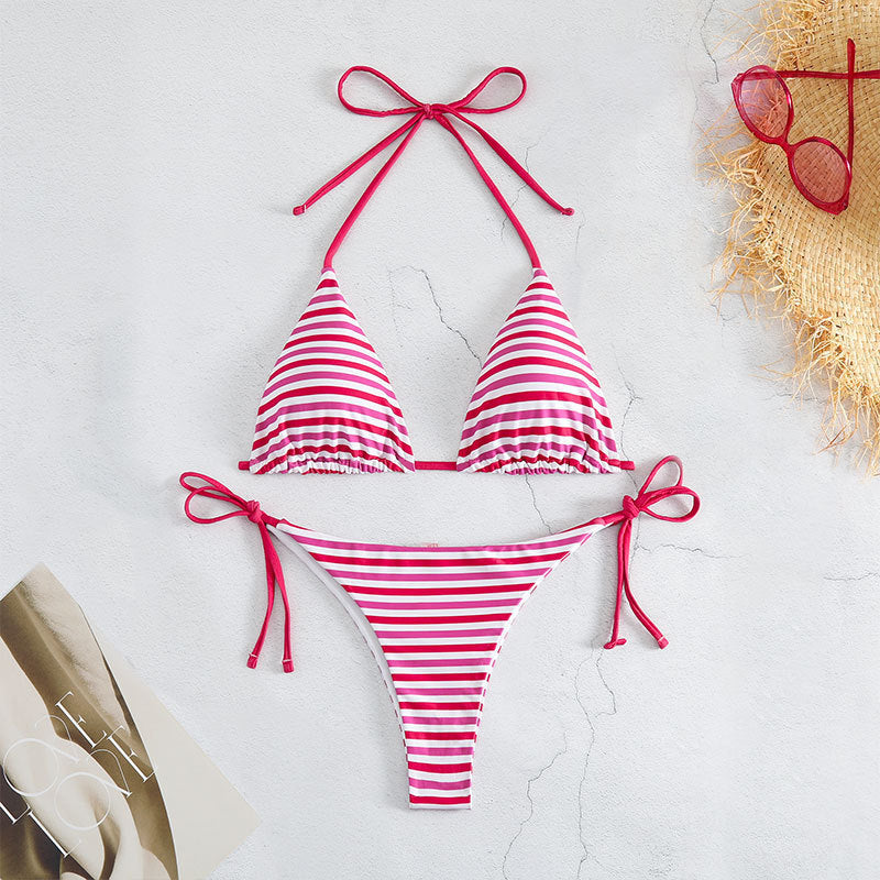 Damen Triangel-Bikini mit verspieltem Streifenmuster und verstellbaren Banddetails Drune