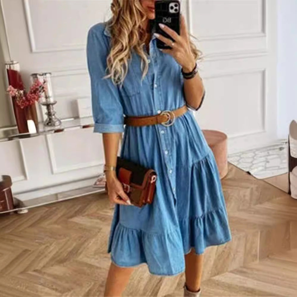 Damen nan Stufen-Hemdblusenkleid mit Taillenbetonung, durchgehender Knopfleiste und Brusttasche Drune