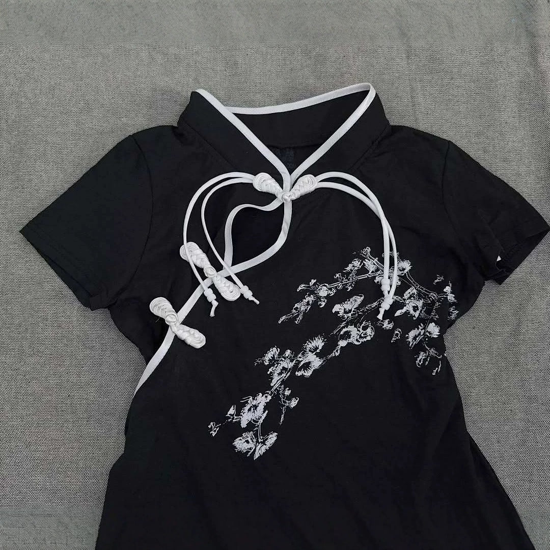 Damen Modernes Chinesisches Kurzarm-T-Shirt mit kreativem Knotendesign Drune