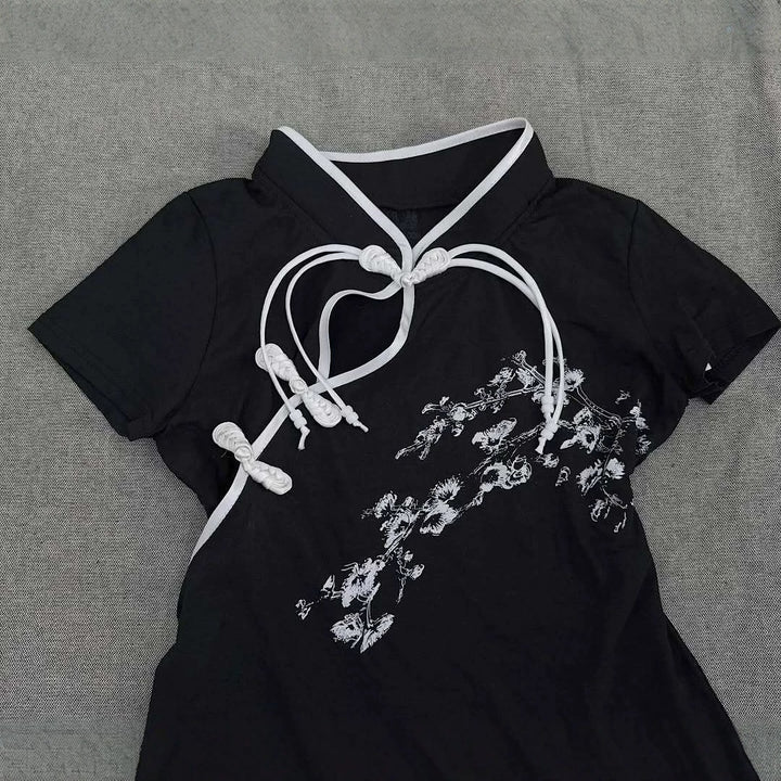Damen Modernes Chinesisches Kurzarm-T-Shirt mit kreativem Knotendesign Drune