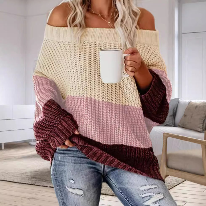 Damen Lässiger Overzise-Strickpullover mit Off-Shoulder-Ausschnitt und angesagtem Farbblockdesign Drune