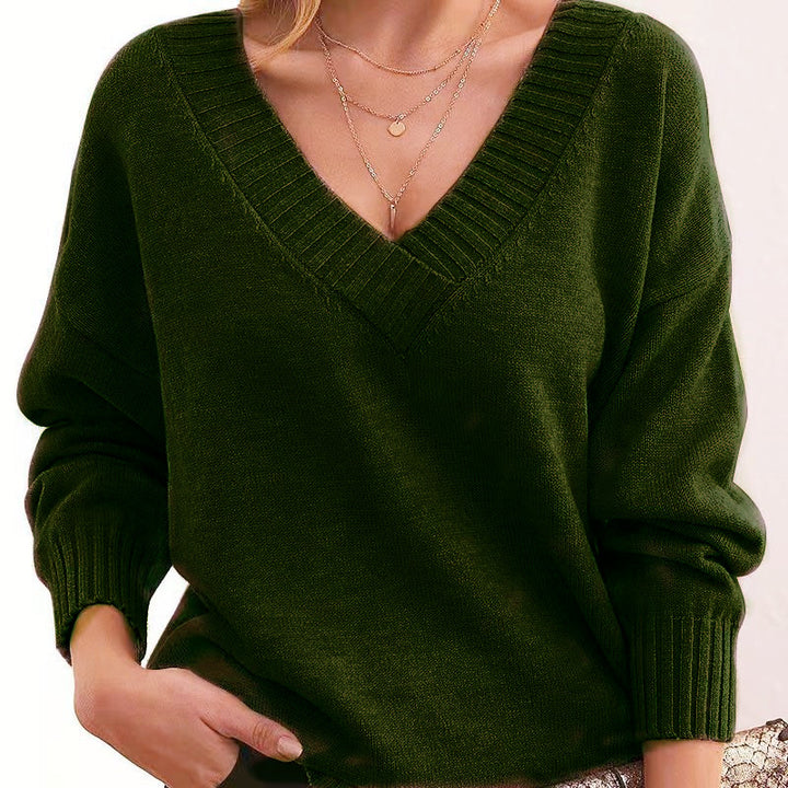 Damen nan Oversized V-Ausschnitt Strickpullover mit gerippten Bündchen Drune