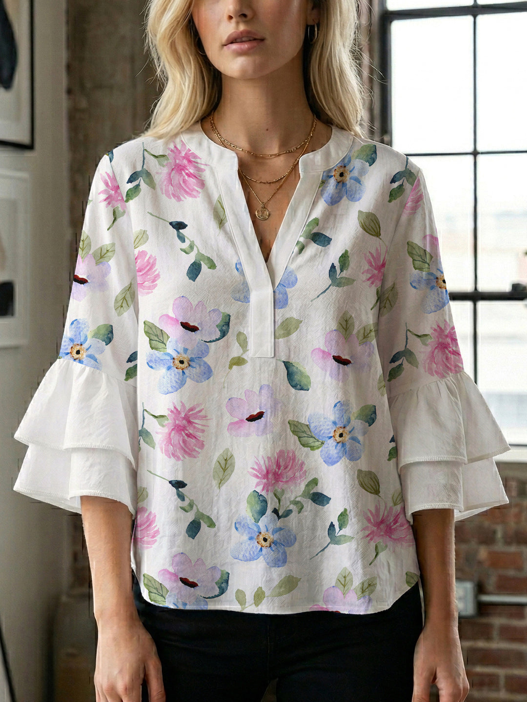 Damen elegantes Blusenshirt mit voluminösen Rüsenärmeln und grafischem Blumendesign Drune