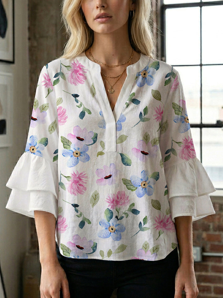 Damen elegantes Blusenshirt mit voluminösen Rüsenärmeln und grafischem Blumendesign Drune