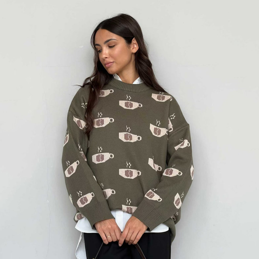 Damen Gemusterter Strickpullover mit Kaffeetassen-Motiv und angenehmem Sitz Drune