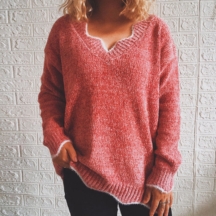 Damen lässiger Strickpullover mit V-Ausschnitt und strukturiertem Gewebe Drune