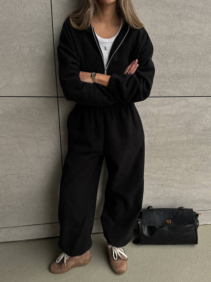 Damen Fleece-Loungewear-Set mit hohem Kragen und praktischen Taschen Drune