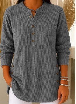 Damen nan plissee Tunika-Bluse mit Stehkragen, Knopfleiste und seitlichen Zierknöpfen Drune