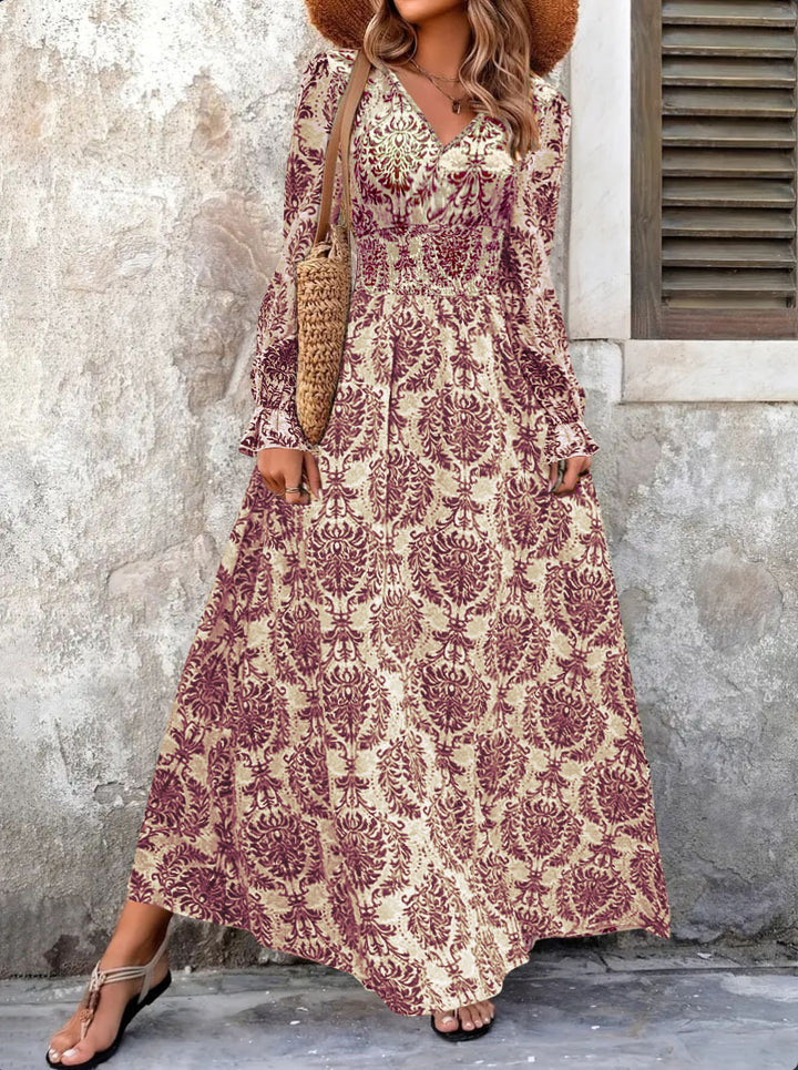 Damen Langes Maxikleid mit floralem Jacquard-Muster und voluminösen Ärmeln Drune