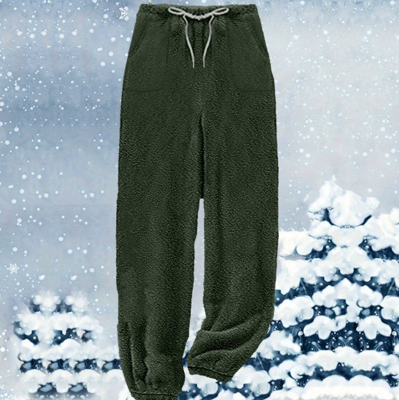 Damen nan kuschelige Sherpa-Fleece Loungehose mit Kordelzug, hoher Taille und elastischen Bündchen Drune