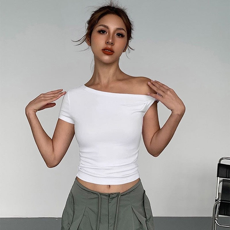 Damen Schulterfreies Crop-Top mit Raffung und modischen Knoten Drune