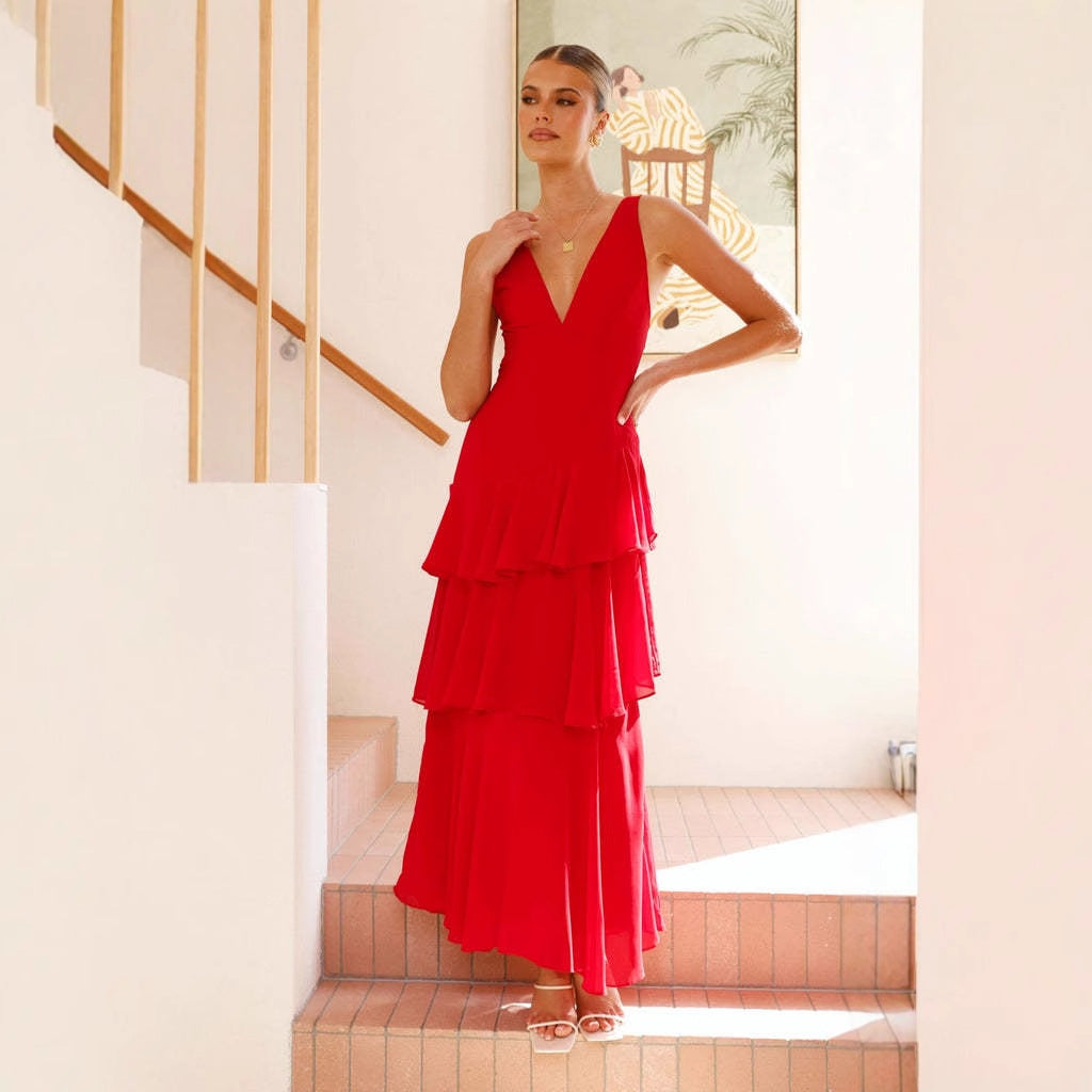 Damen Elegantes Maxikleid mit Volants und tiefem V-Ausschnitt Drune