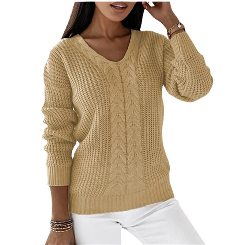 Damen nan grob gestrickter V-Ausschnitt Pullover mit Zopfmuster und lockerer Silhouette Drune