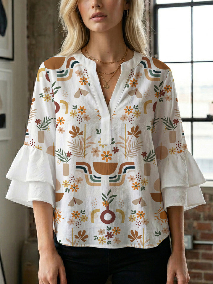 Damen Bluse mit Rüschendetails und auffälligem Animal-Print Drune