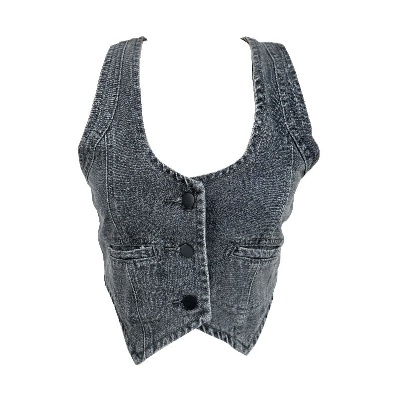 Damen Denim-Weste mit modernem V-Ausschnitt und praktischen Taschen Drune