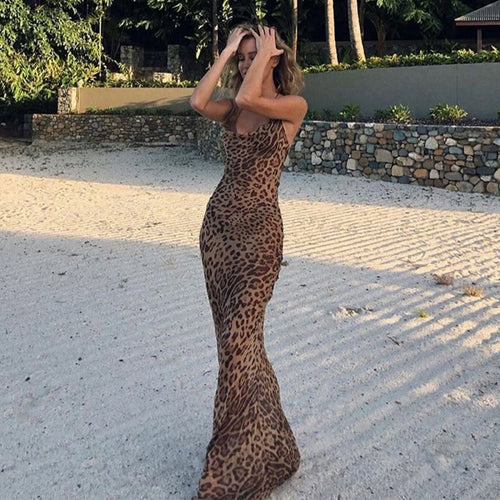 Damen Elegantes Maxi-Kleid mit figurbetontem Schnitt und Tiermotiv Drune