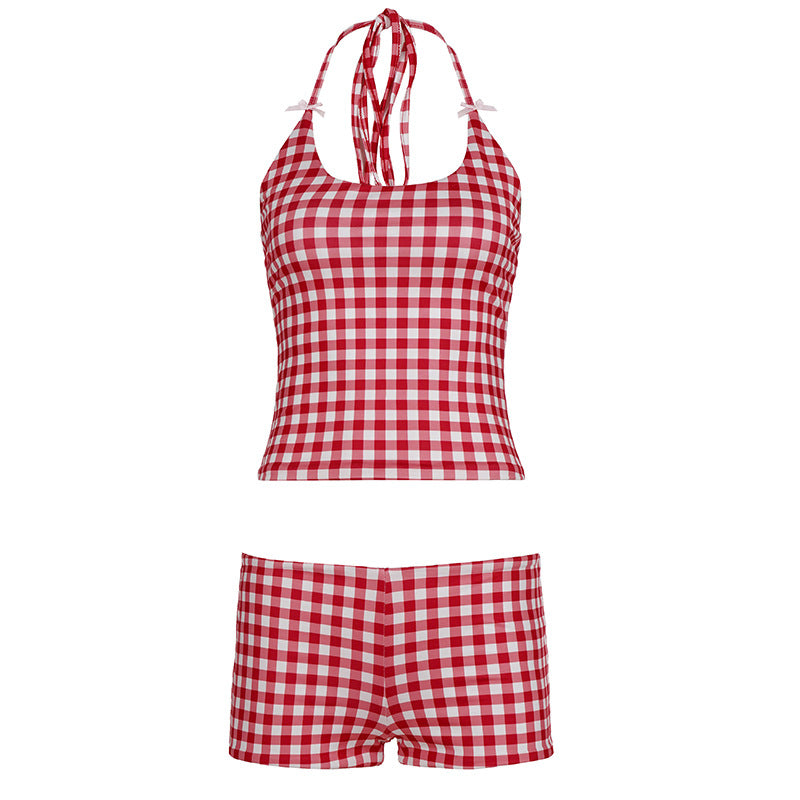 Damen Badeanzug Set mit kariertem Muster und verstellbaren Trägern Drune
