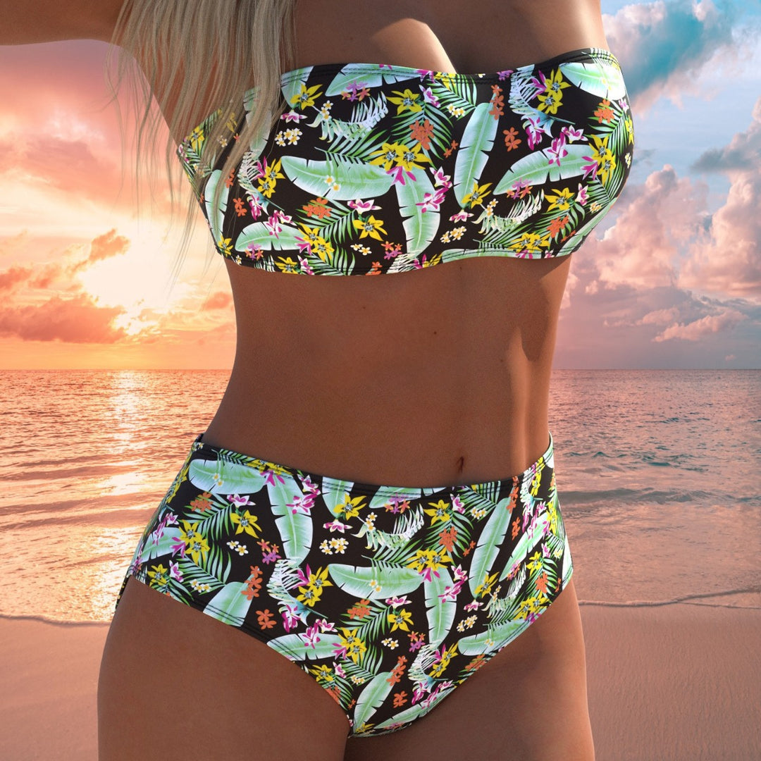 Damen Bandeau-Bikini mit hochgeschnittenen Pants und buntem Bedruck Drune
