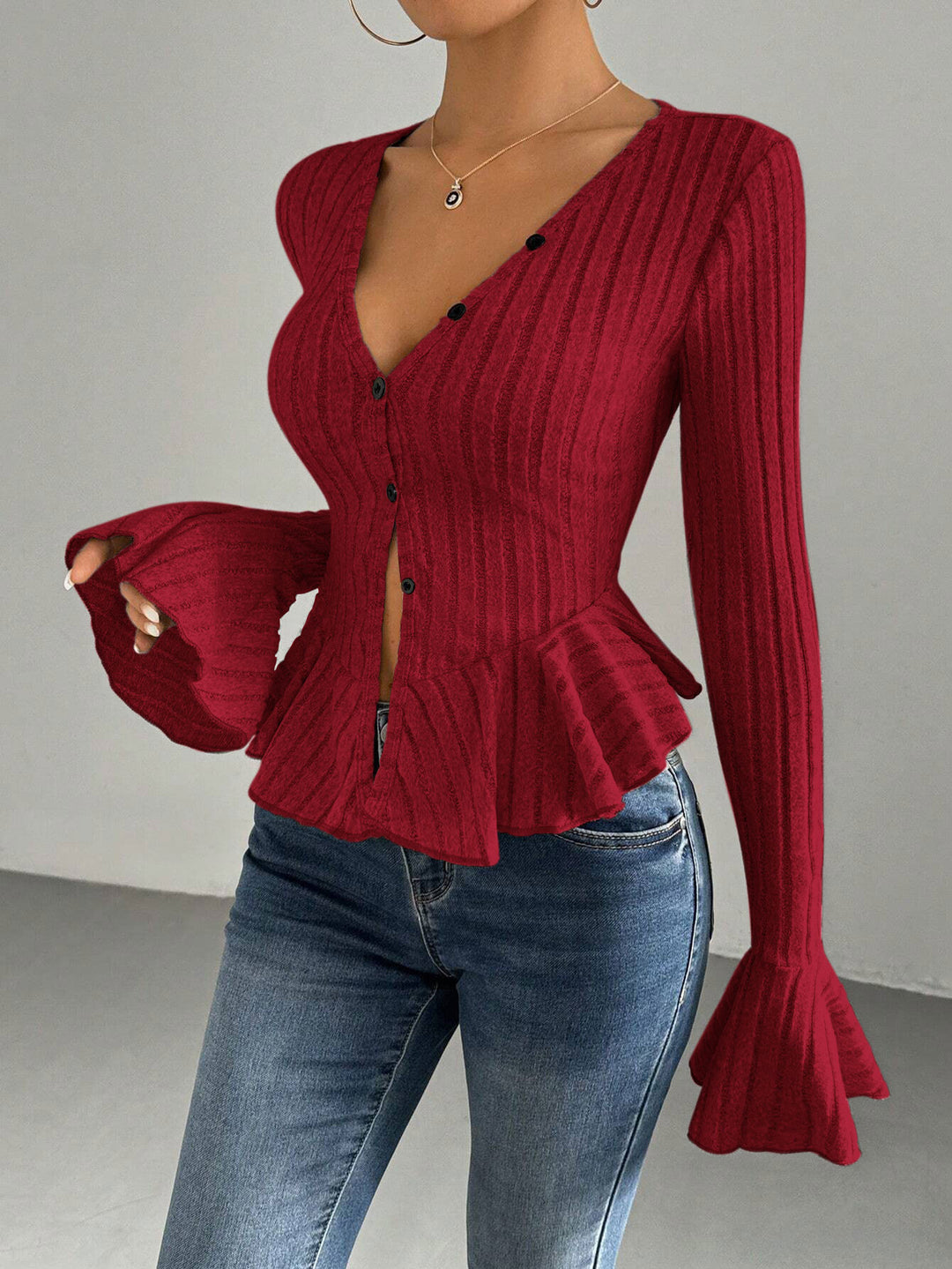 Damen modische Strickjacke mit taillierter Silhouette und dekorativen Rüschendetails Drune
