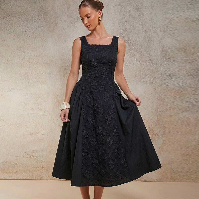 Damen Maxikleid mit floralen Stickereien und weitem Rock Drune