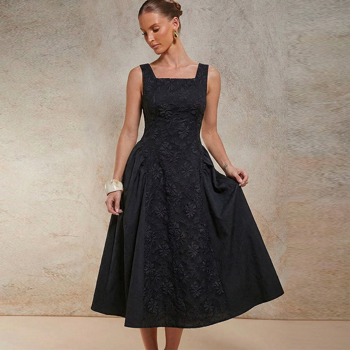 Damen Maxikleid mit floralen Stickereien und weitem Rock Drune