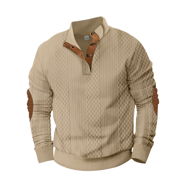 Herren nan strukturierter Henley-Pullover mit Stehkragen, Knopfleiste und Lederoptik-Ellbogenbesatz Drune