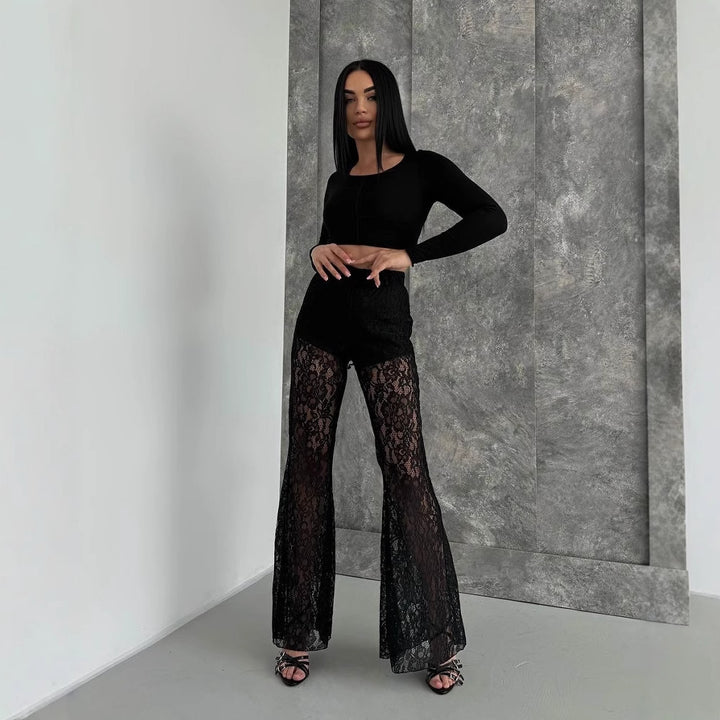 Damen eleganter Spitzen-Hosenanzug mit hoher Taille und fließendem Schnitt Drune