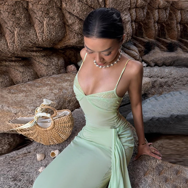 Damen Elegantes bodenlanges Kleid mit raffiniertem Spitzenoberteil und taillierten Details Drune
