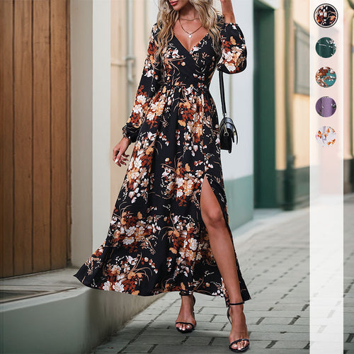 Damen Maxikleid mit floralem Design und schickem Schlitz Drune