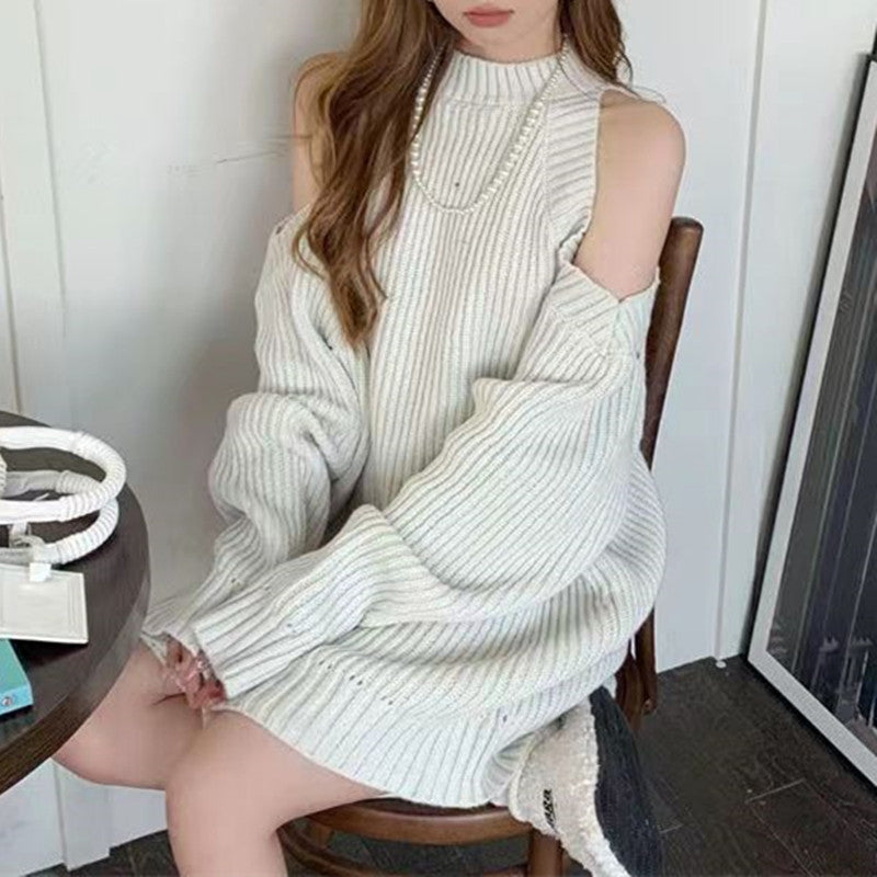 Damen Strickkleid mit schulterfreier Optik und Rippstruktur Drune