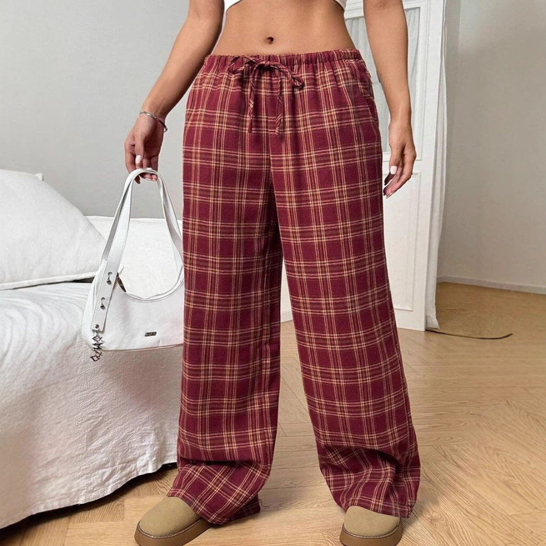 Damen Lässige Karohose mit weitem Schnitt und Elastikbund Drune