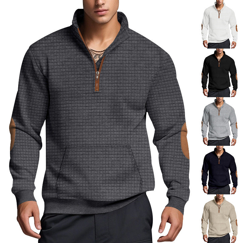 Herren nan gestepptes Halfzip-Sweatshirt mit Stehkragen, Kängurutasche und Kunstleder-Ellenbogenpatches Drune