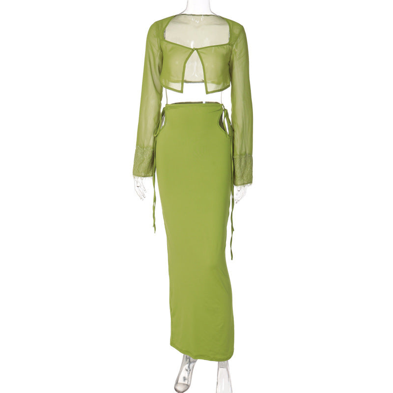 Damen Transparentes Set mit Crop-Top und Maxirock Drune