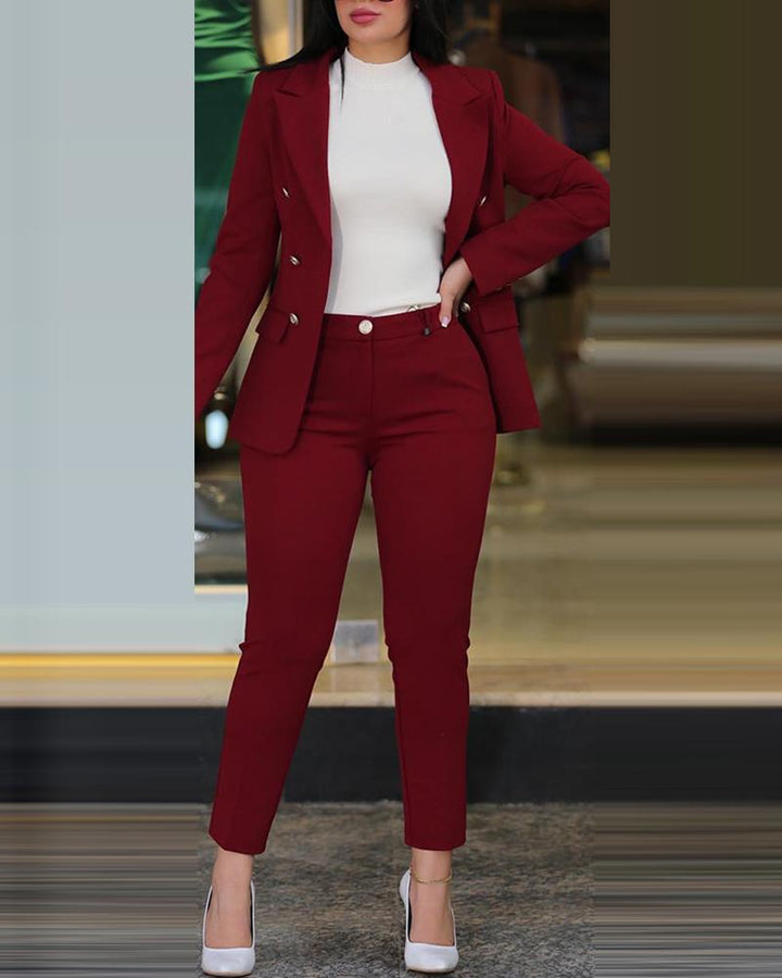 Damen nan tailliertes Business-Hosenanzug-Set mit doppelreihigem Reversblazer und schmal zulaufender Bundhose Drune