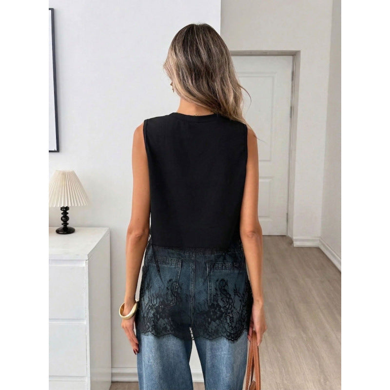 Damen luftiges Oberteil mit elegantem Spitzenvolant Drune