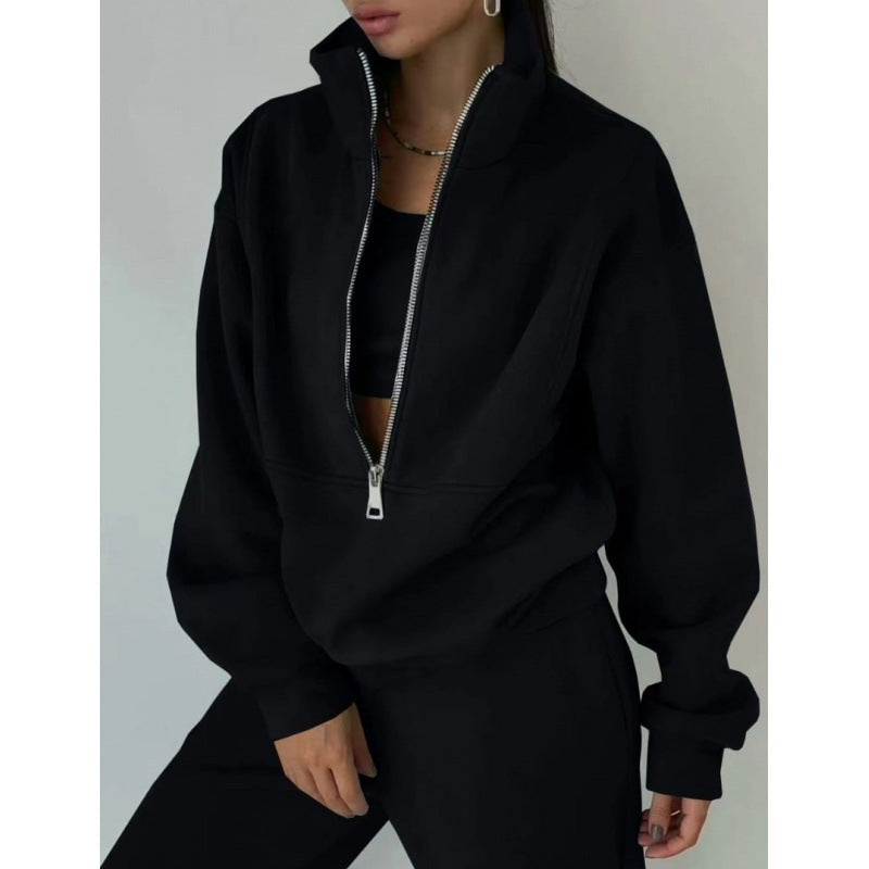 Damen lässiger Zip-Pullover mit hohem Kragen Drune