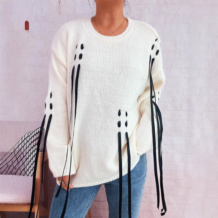 Damen lässiger Strickpullover mit dekorativen Bindebändern Drune