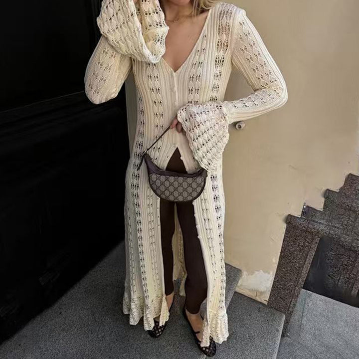 Damen Strickmaxikleid mit nostalgischem Lochmuster und elegantem V-Ausschnitt Drune