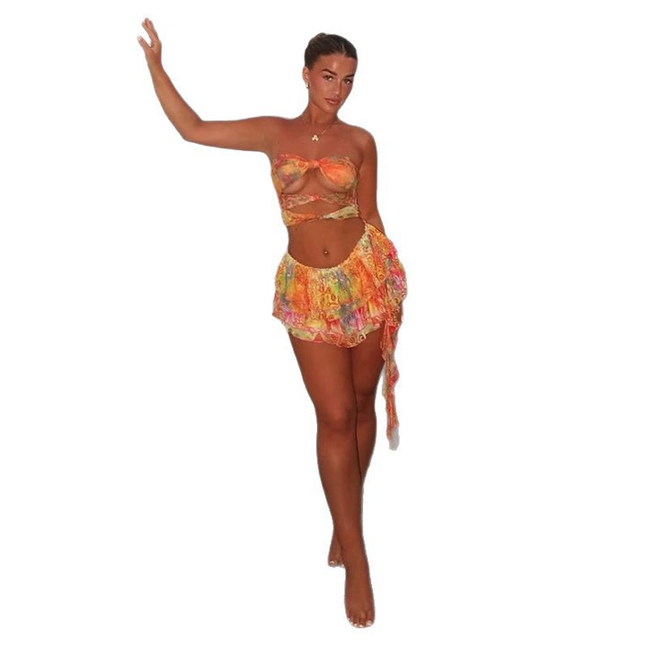 Damen Bandeau-Wickeloberteil mit verspieltem Rock und floralen Prints Drune