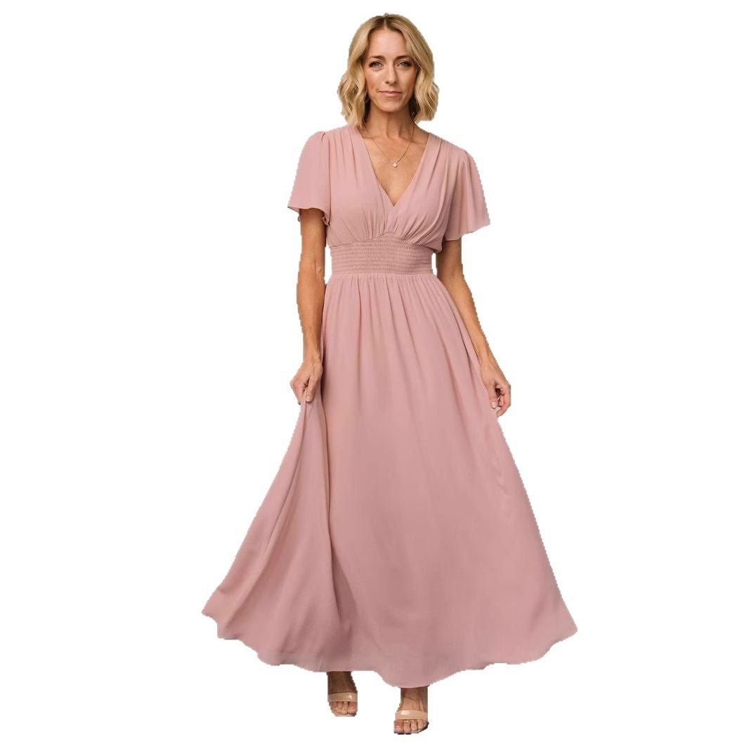 Damen elegantes Maxikleid mit V-Ausschnitt und elastischem Taillenbund Drune